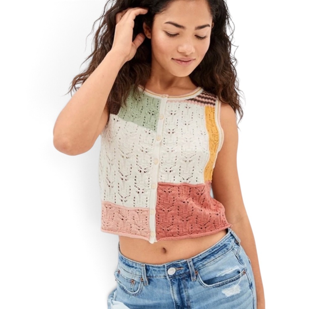 American Eagle Patchwork Pointelle Knit Sweater Vest Multi Color Button Front S